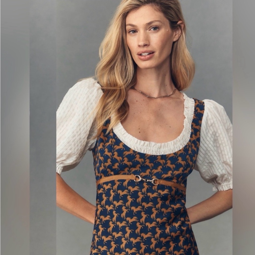 Maeve Navy and Brown Horse Pattern Twofer Mini Dress - Picture 2 of 6